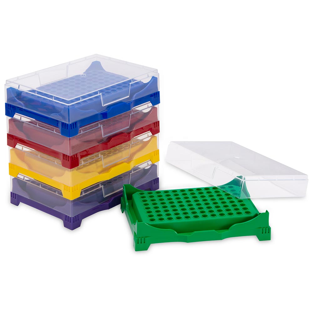 Globe Scientific Stackable PCR Work Racks, 96 well for PCR Plates and Strips, Five Fluorescent Colors (Green, Yellow, Violet, Red, Blue) Racks;;